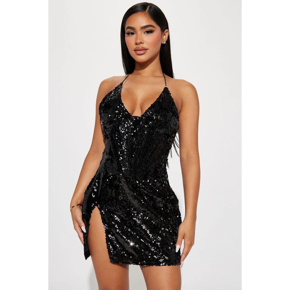 NWT Fashion Nova Vivienne Sequin Mini Dress Black Glam Backless Birthday Size M